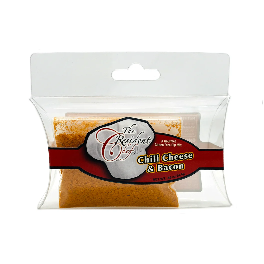 The Resident Chef Chili Cheese & Bacon Gourmet Gluten Free Dip Mix in a clear plastic package.