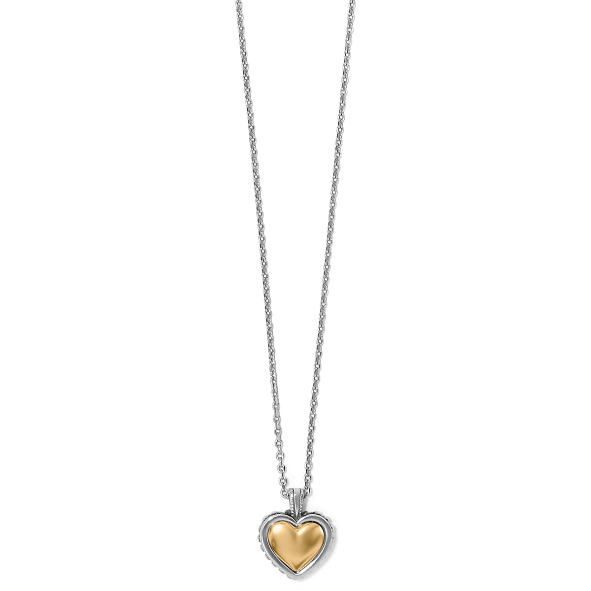 Two-tone Pretty Tough Bold Heart Petite Necklace with a gold heart pendant on a silver chain.