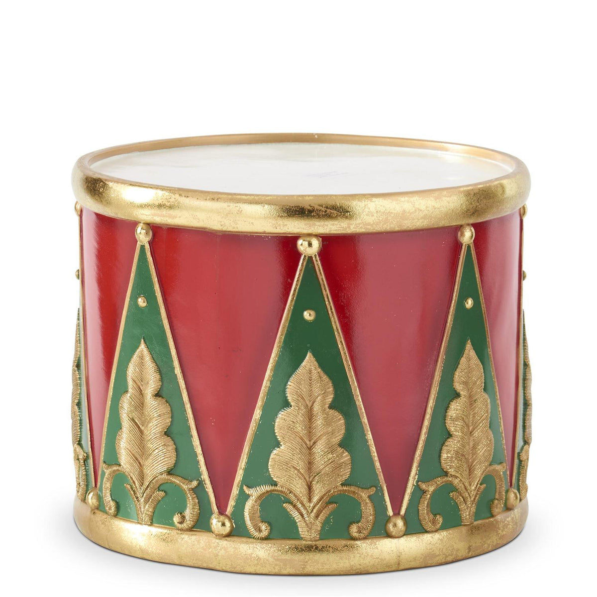 Red, green, and gold resin nesting drum container with ornate gold leaf and scrollwork details.