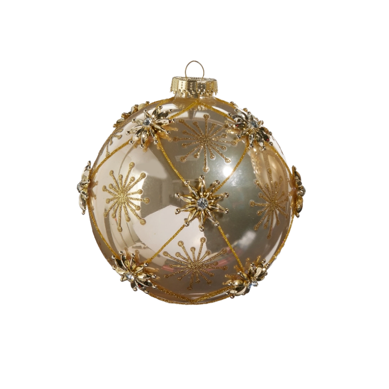 5-inch gold glass ball ornament with glitter star patterns and jeweled star accents.