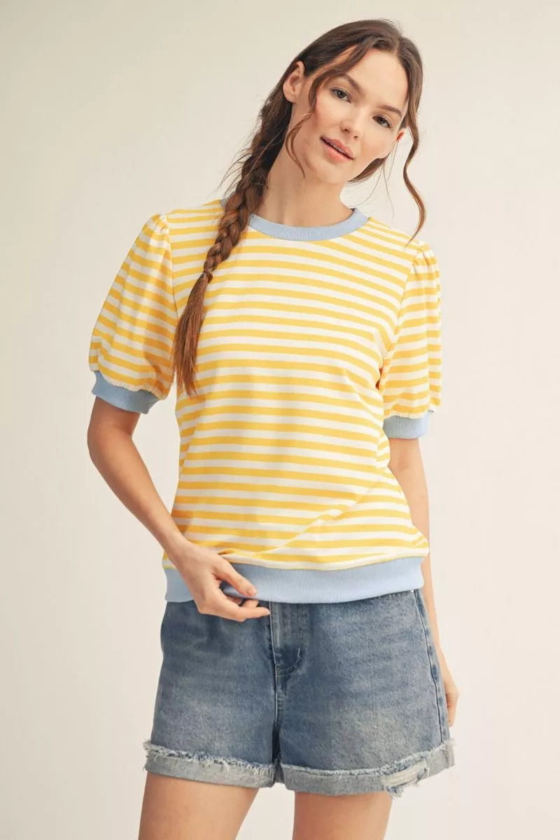 Avery Short Puff Sleeves Stripe Top