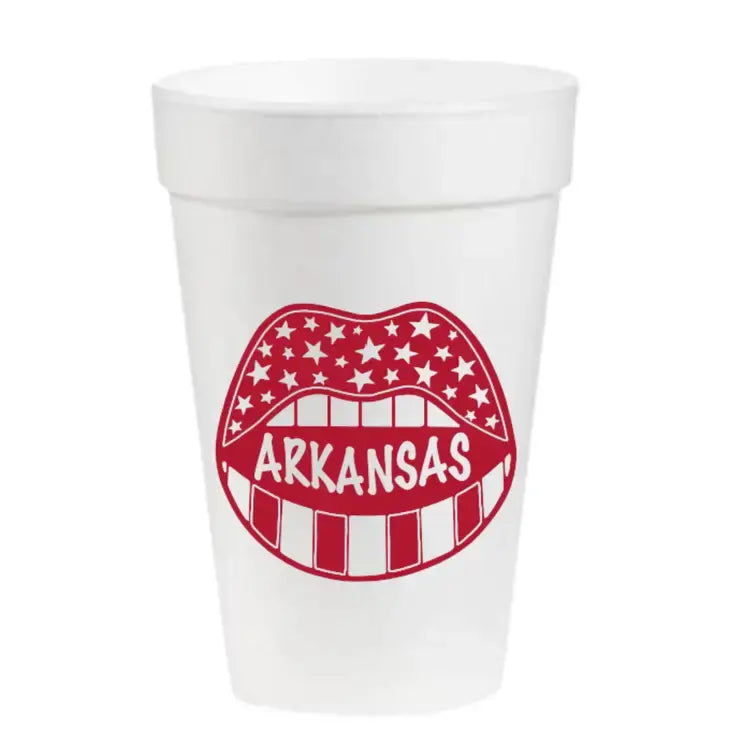 White 16oz Styrofoam cups with Arkansas Game Day branding