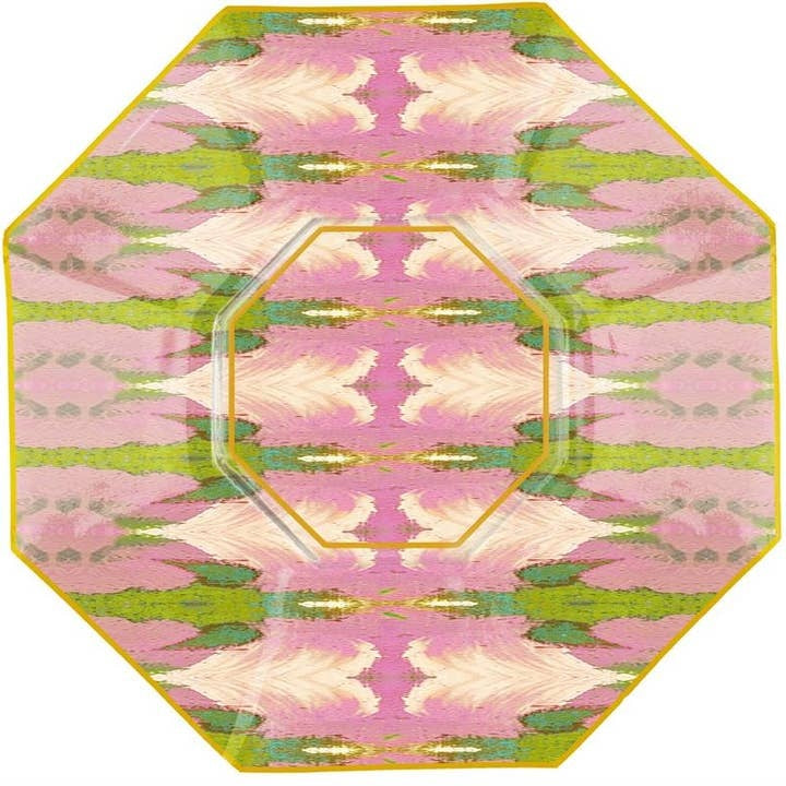 Octagonal decoupage glass plate with hand-painted gold edges featuring floral artwork.