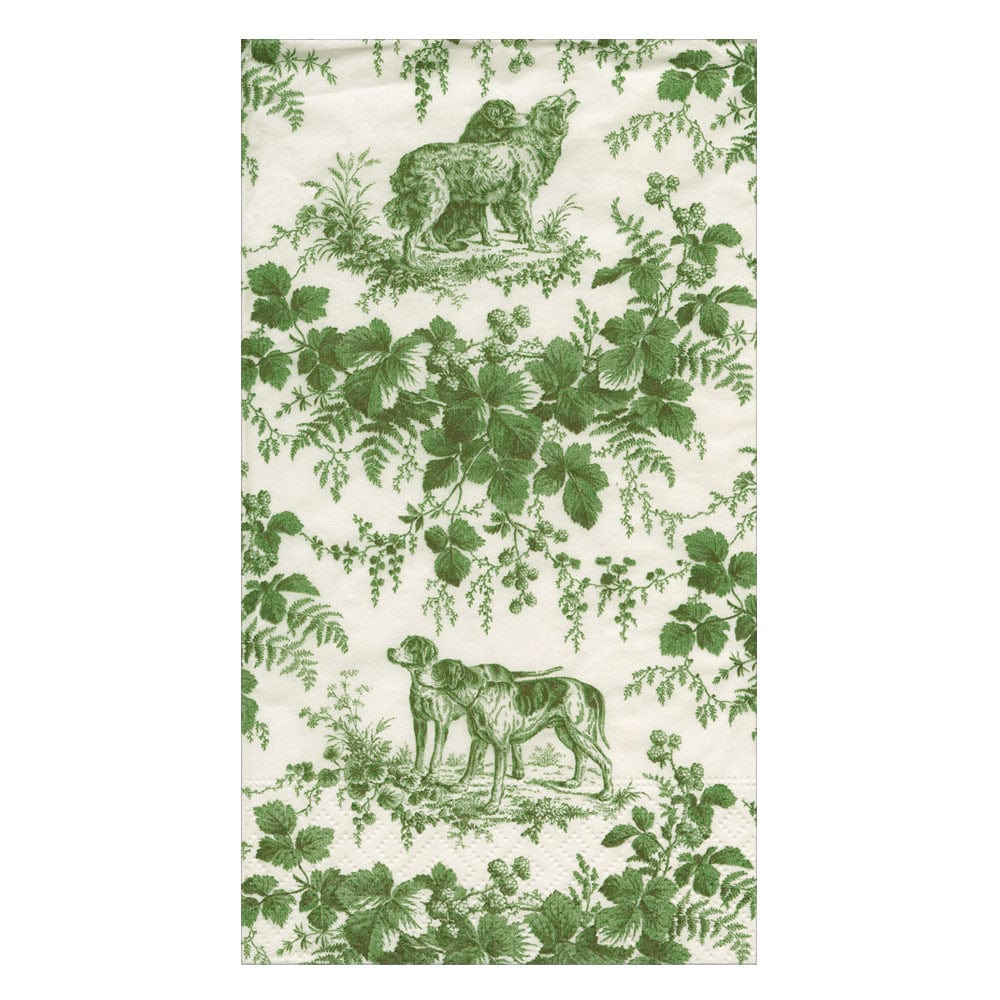 Hunting Toile Evergreen Guest Towels featuring green hunting dog and foliage patterns on white.