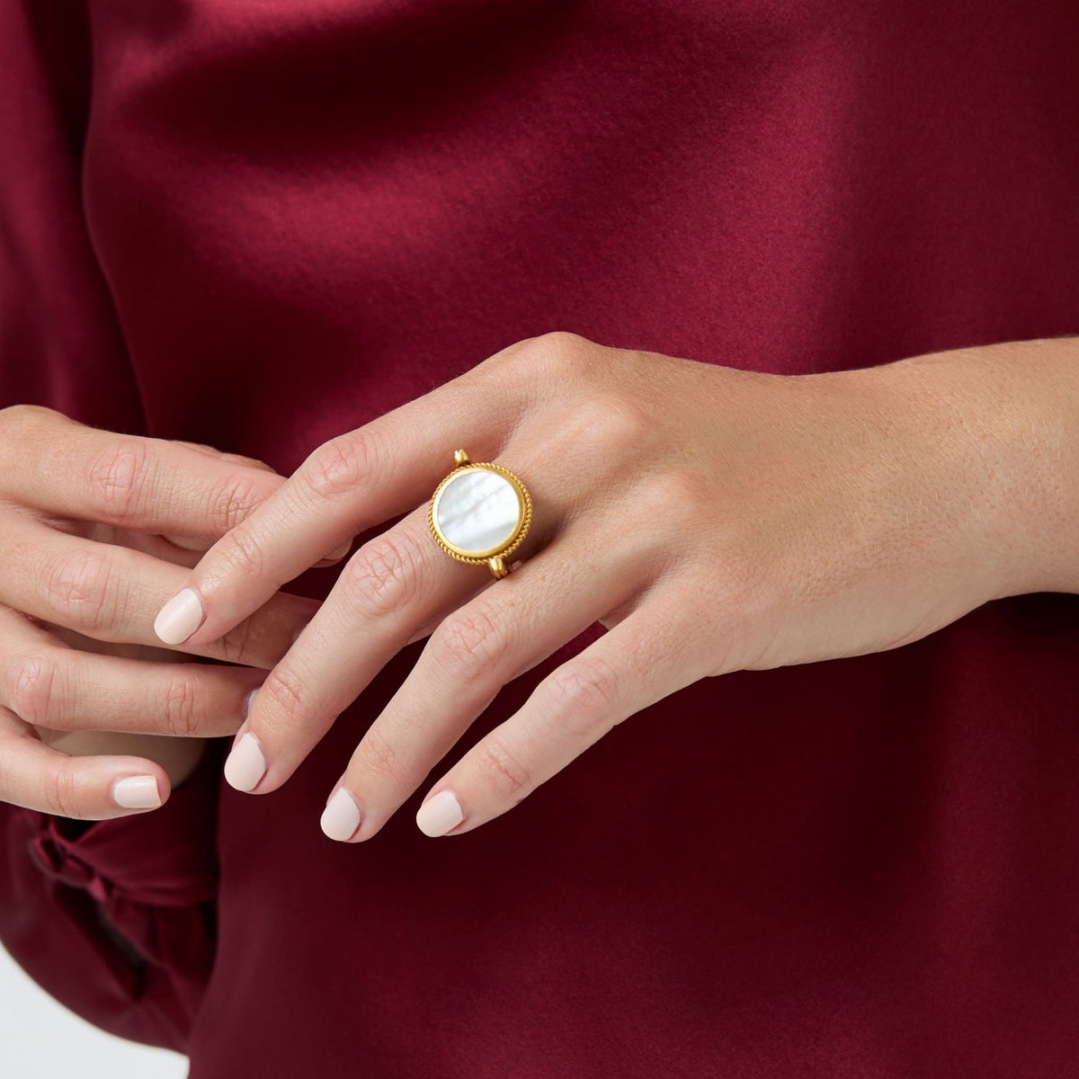Coin Revolving Ring with mother of pearl side and gold knight coin reverse