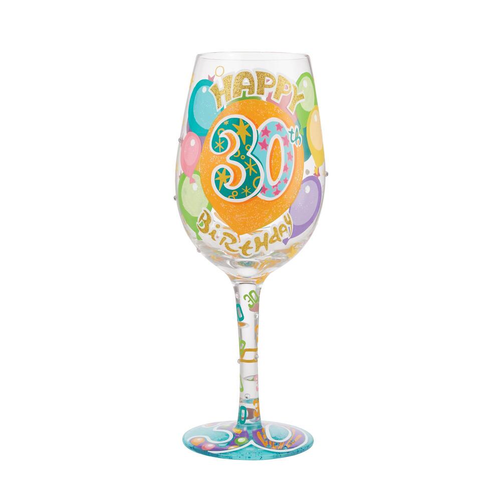 Colorful Lolita wine glass with hand-painted designs, glitter accents, and a cocktail recipe printed on the base.