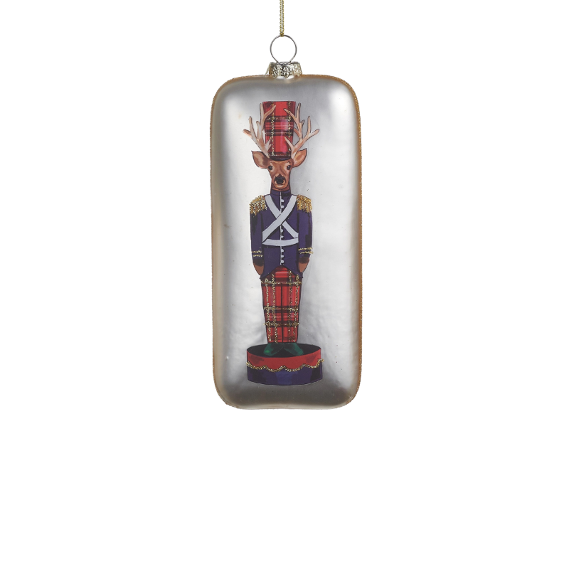 5.5-inch rectangular glass ornament featuring a deer nutcracker in a blue coat and plaid kilt.