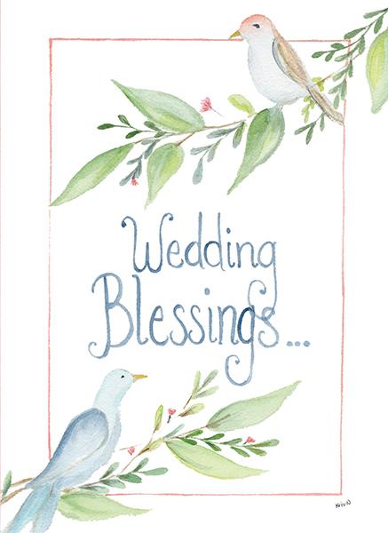 Watercolor wedding card featuring two birds, green leaves, and the text "Wedding Blessings..."