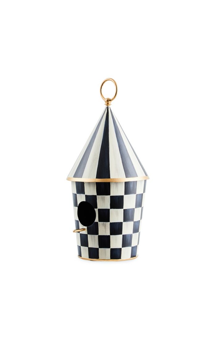 Hand-painted iron birdhouse in Courtly style with a sophisticated garden silhouette.