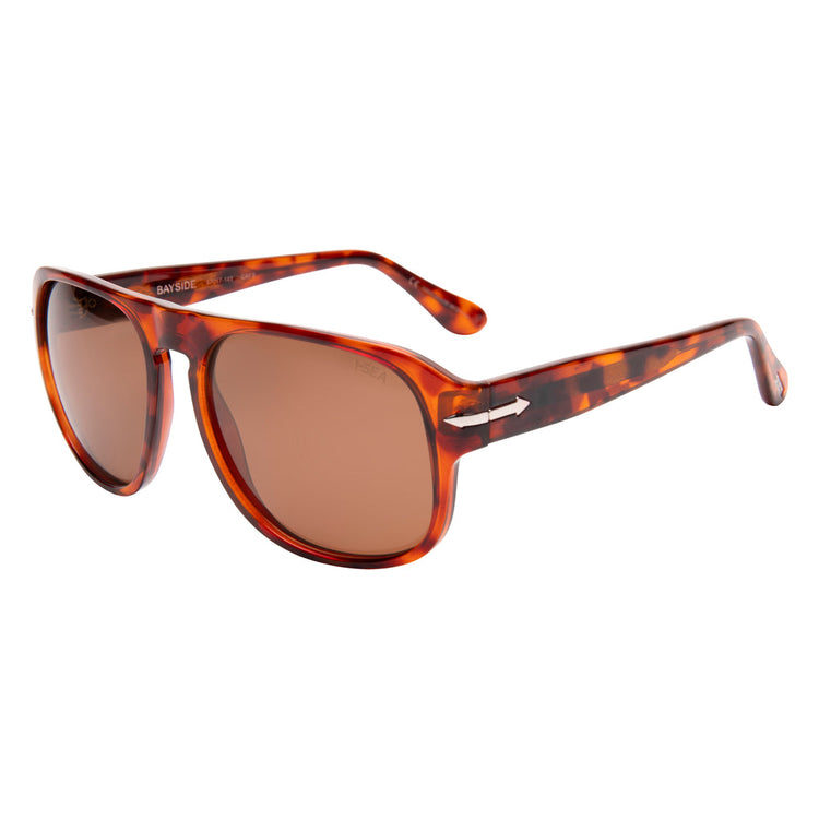 Bayside aviator sunglasses with honey tortoise frames and brown polarized lenses.