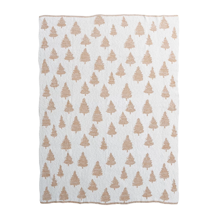 Cream cotton knit throw blanket featuring a tree pattern with metallic gold thread accents.