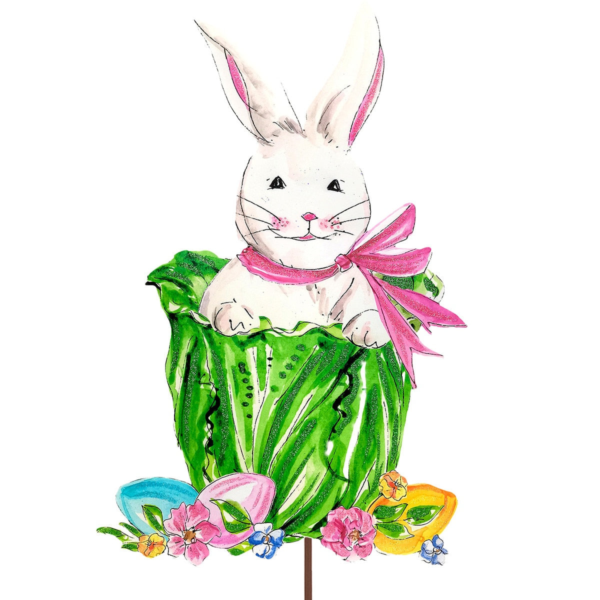 Cabbage Bunny easel stake in natural cabbage leaf texture with bunny silhouette.