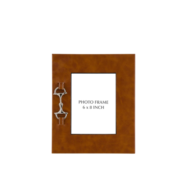 Tan leather photo frame with a silver horse bit accent on the left side.