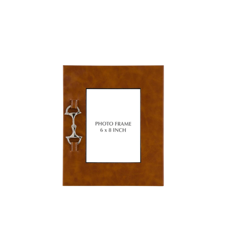 Tan leather photo frame with a silver horse bit accent on the left side.