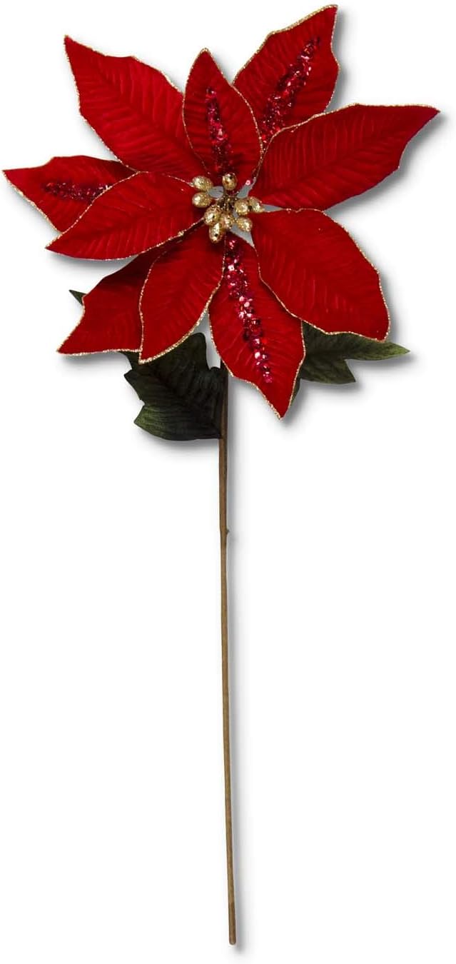 30-inch red velvet poinsettia stem with gold sequin trim and center