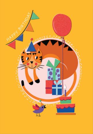 Birthday card featuring a cartoon tiger in a party hat, surrounded by gifts, a balloon, and a bird.