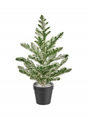 15-inch potted snow spruce tree with green needles, white flocking, and a black pot.
