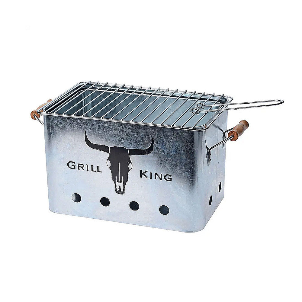 Rectangular charcoal grill with zinc finish metal body and iron grate.