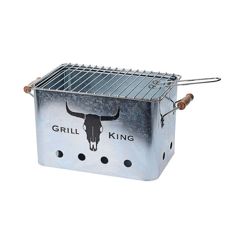 Rectangular charcoal grill with zinc finish metal body and iron grate.