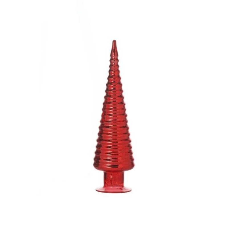 Red mercury glass Christmas tree decoration with a ribbed texture and pedestal base.