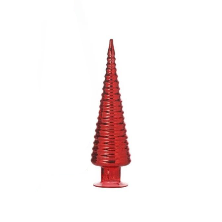 Red mercury glass Christmas tree decoration with a ribbed texture and pedestal base.