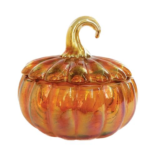 Recycled Glass Pumpkin Shaped Jar with Lid, Iridescent Orange