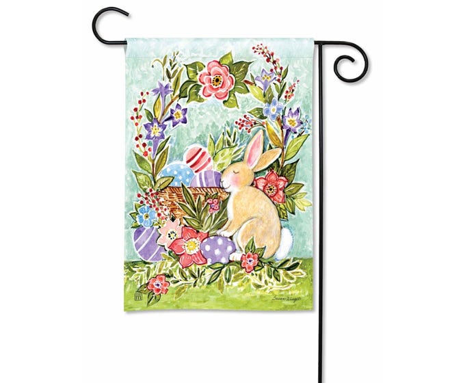 Easter garden flag with a bunny, decorated eggs, and floral wreath.