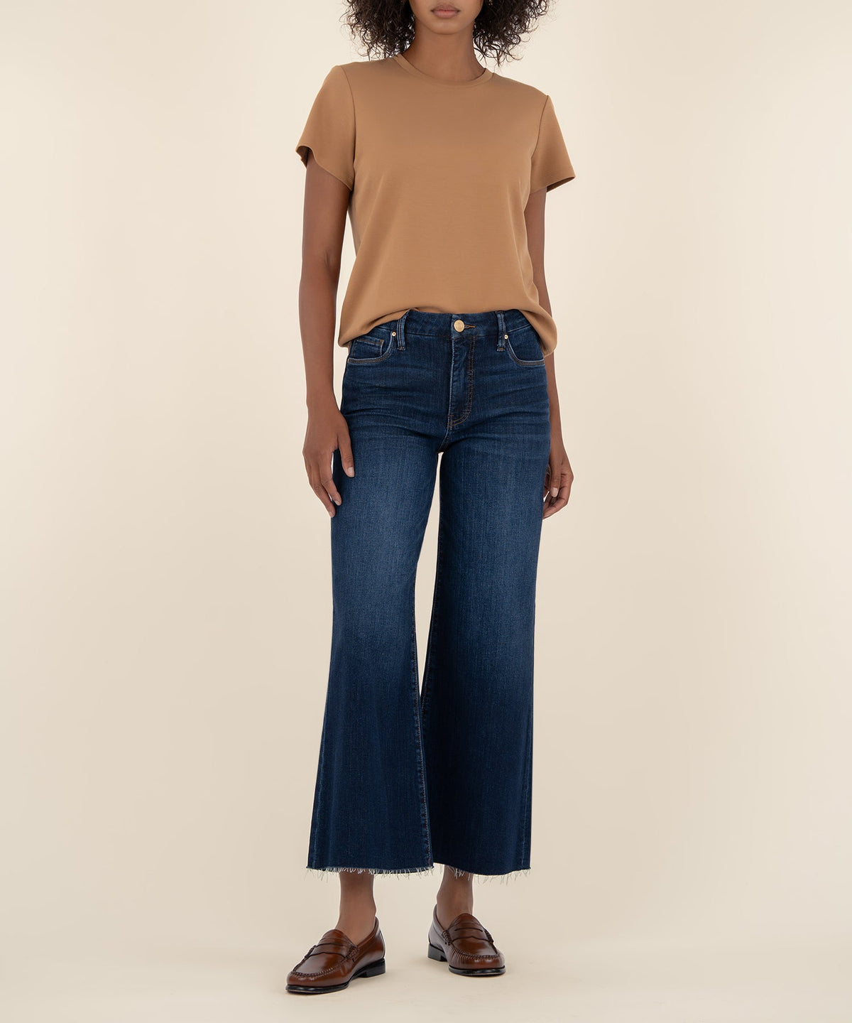 Women's Meg high-rise wide-leg trousers in raw hem with smoothing Fab Ab fabric.
