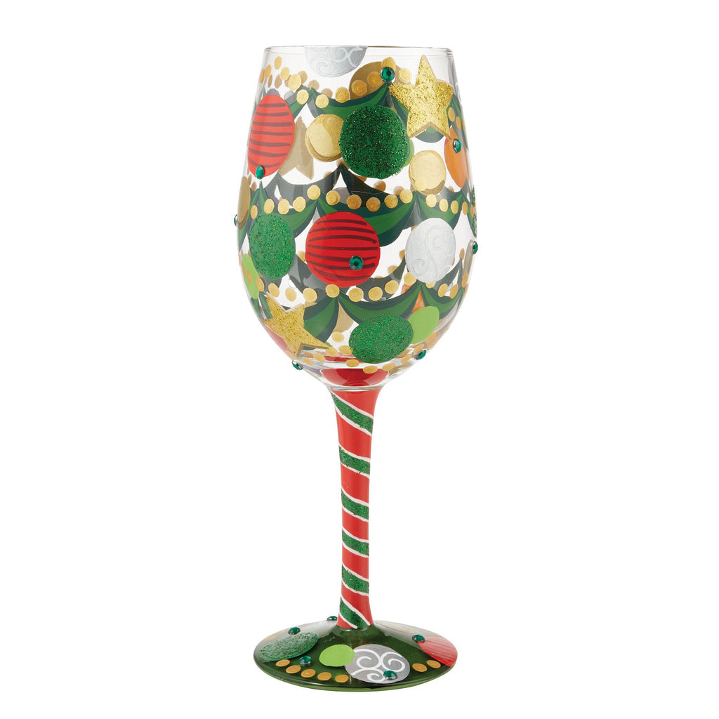 Blown glass wine glass with hand-painted colorful cocktail recipe base and glitter accents