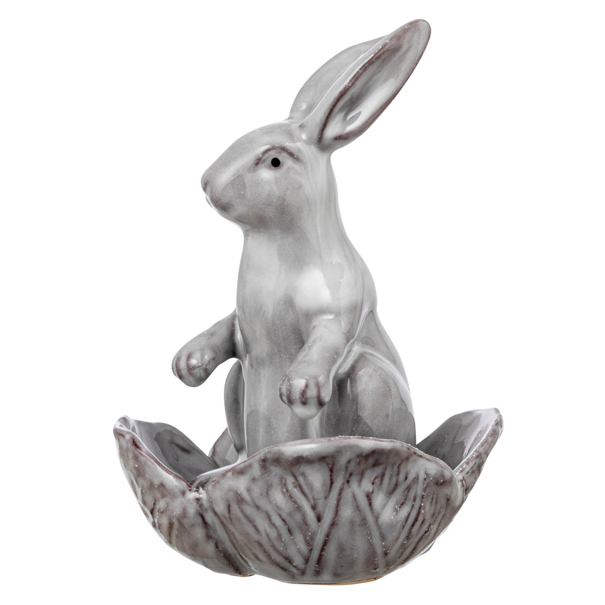Stoneware rabbit figurine with flower-shaped bowl in neutral tone