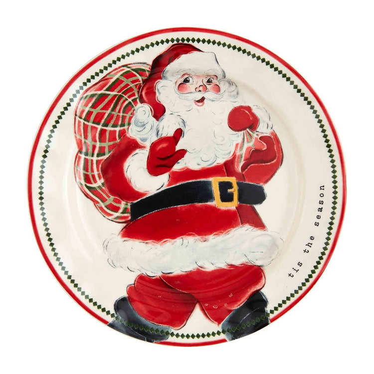 Round stoneware bowl with vintage Santa Claus illustration in red and white.