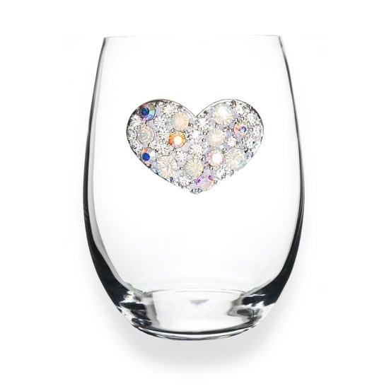 Handcrafted stemless wine glass with jeweled embellishments around the rim in clear crystal.