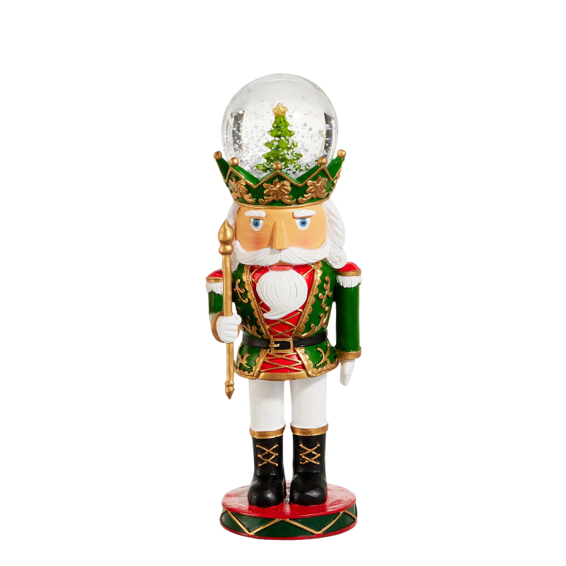7-inch nutcracker water globe with a green uniform, gold staff, and a Christmas tree inside.