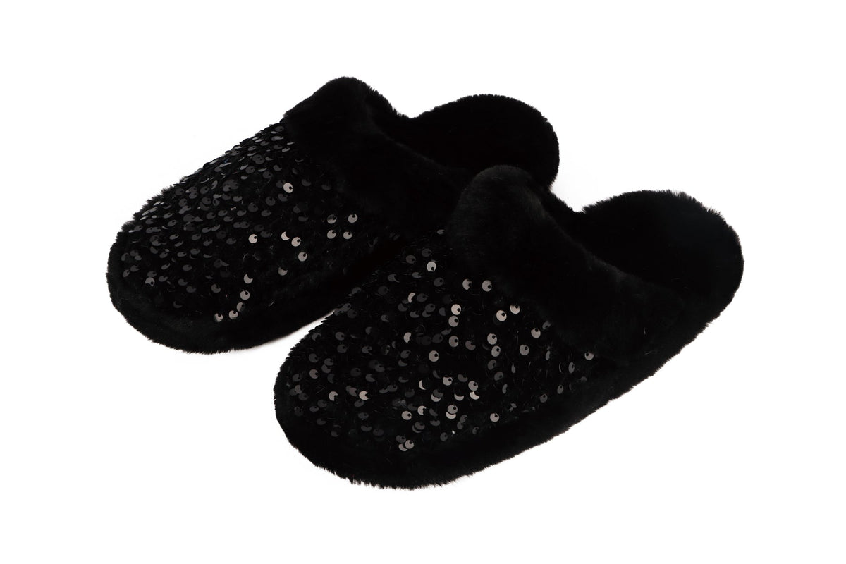 Women's glam slide slipper with soft soles featuring grippers on the bottom.