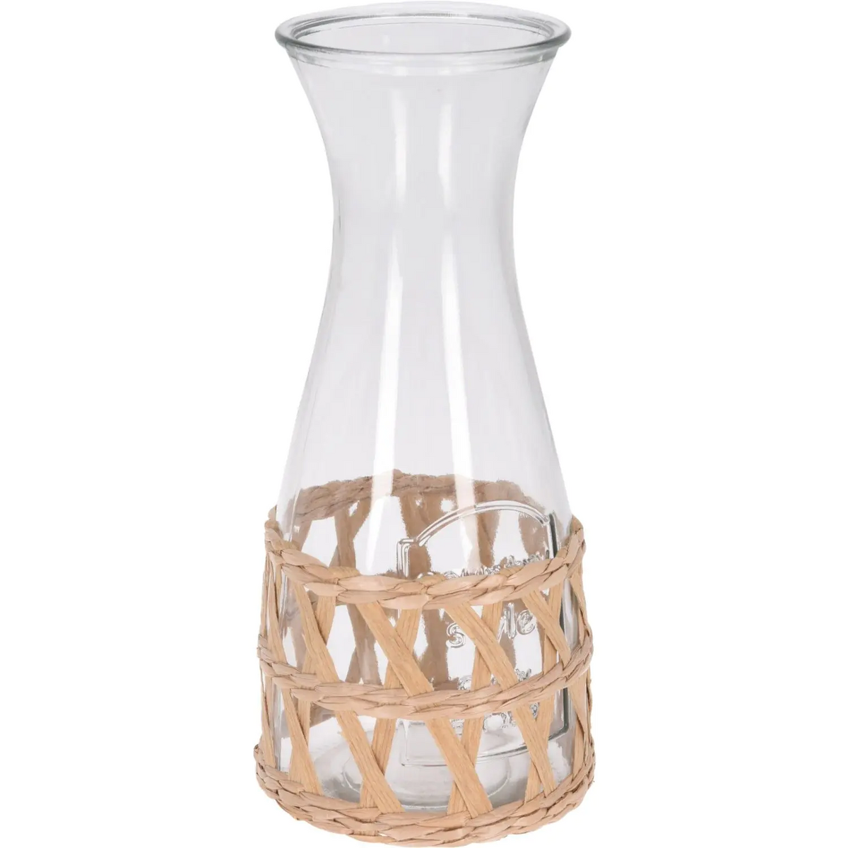 Clear glass decanter with rattan base holding amber liquid