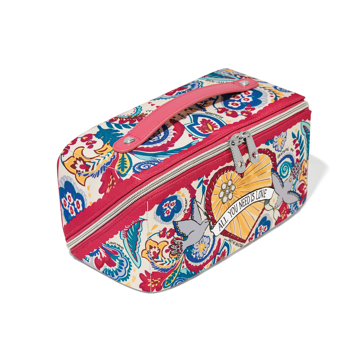 Love Story Cosmetic Case with a colorful paisley and bird print, pink handle, and silver zippers.