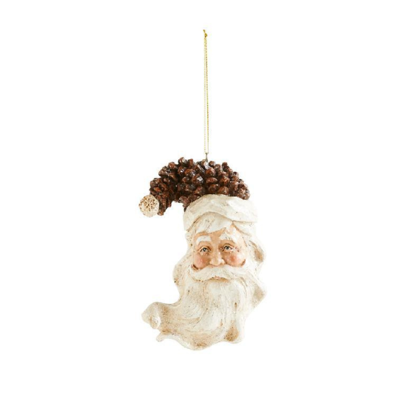Polystone Santa head ornament with a brown pinecone hat and a long white beard.