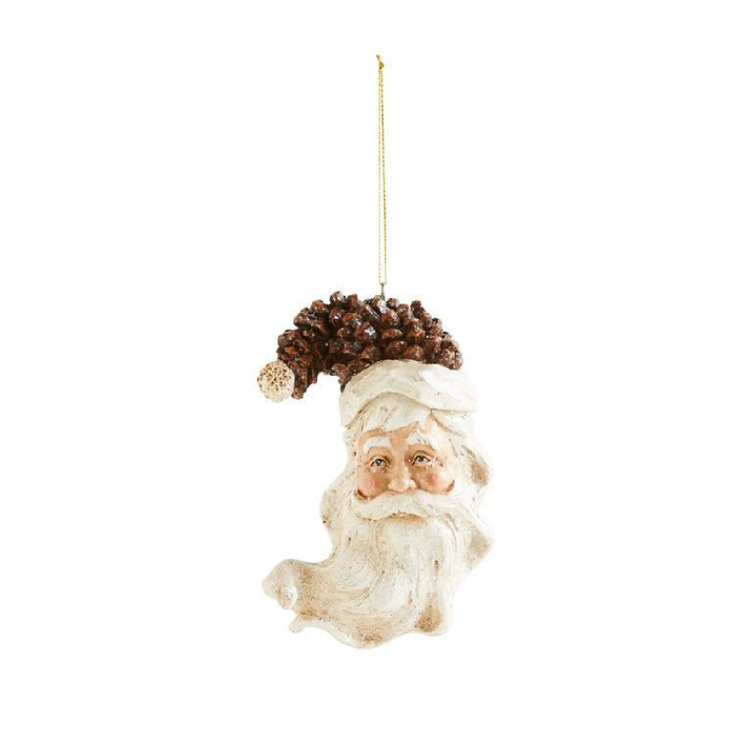 Polystone Santa head ornament with a brown pinecone hat and a long white beard.