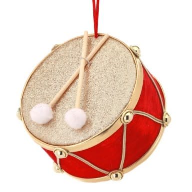 A 6-inch red velvet drum ornament with gold glitter top, gold trim, and two attached drumsticks.