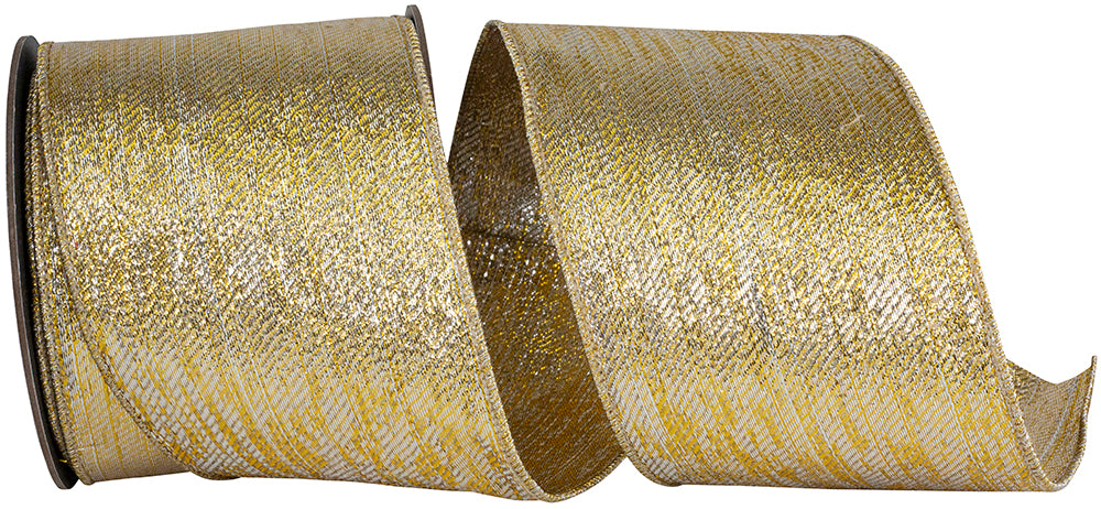 4 inch glimmer gold and silver metallic deluxe weave wired edge ribbon on a roll.
