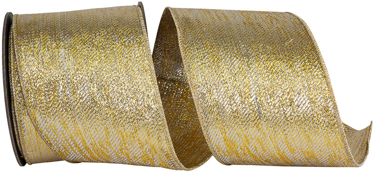 4 inch glimmer gold and silver metallic deluxe weave wired edge ribbon on a roll.