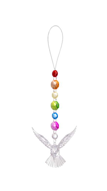 Rainbow beaded hummingbird ornament with multi-colored beads forming a detailed silhouette.