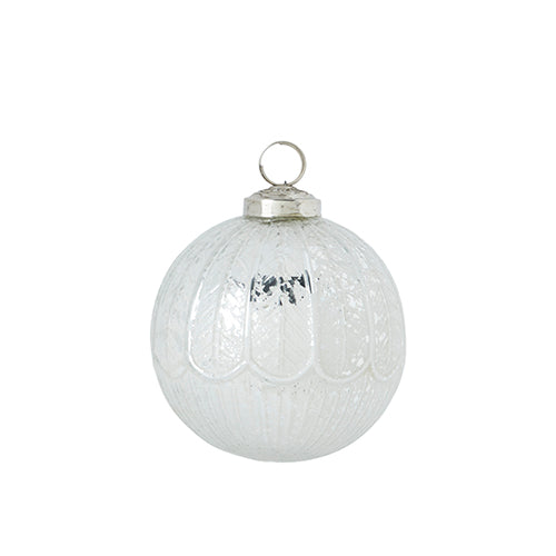 Four-inch silver mercury glass ball ornament with a reflective metallic finish.