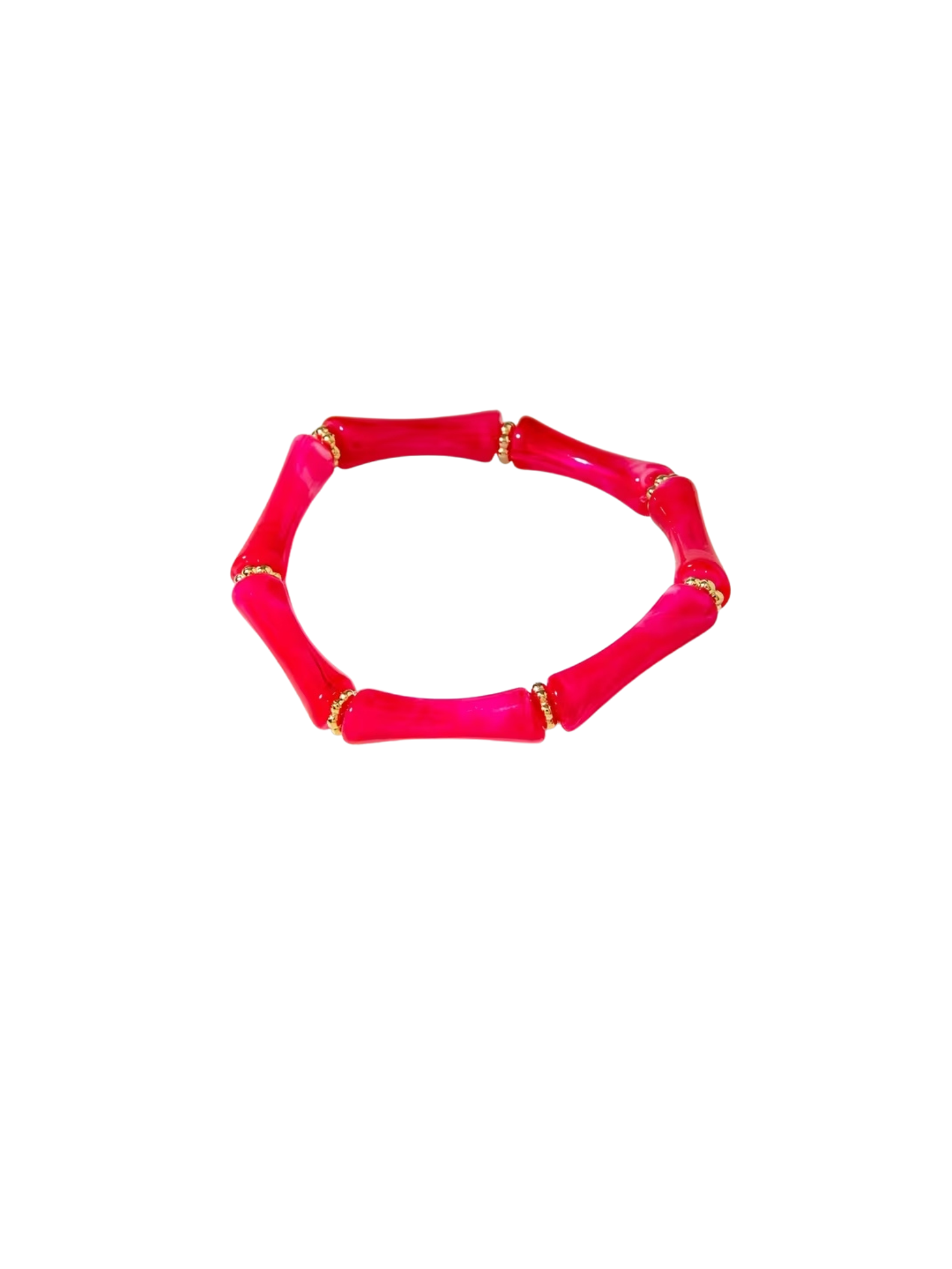 Hot pink resin tube stretch bracelet with small gold spacer beads.
