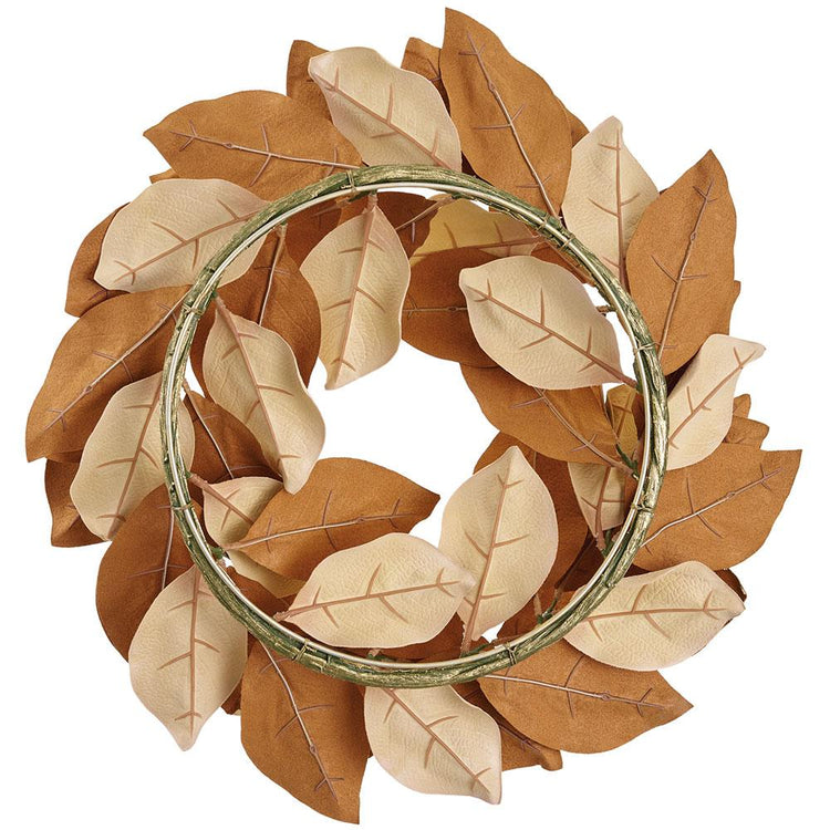22-inch wreath featuring a mix of gold metallic and brown velvet magnolia leaves on a wire frame.