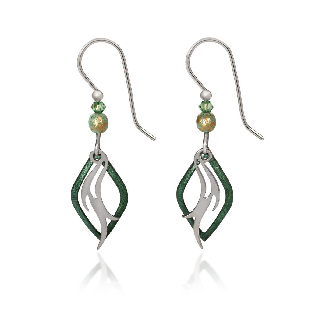 Silver light green flame in open diamond pierced earrings with crystal and glass bead accents.
