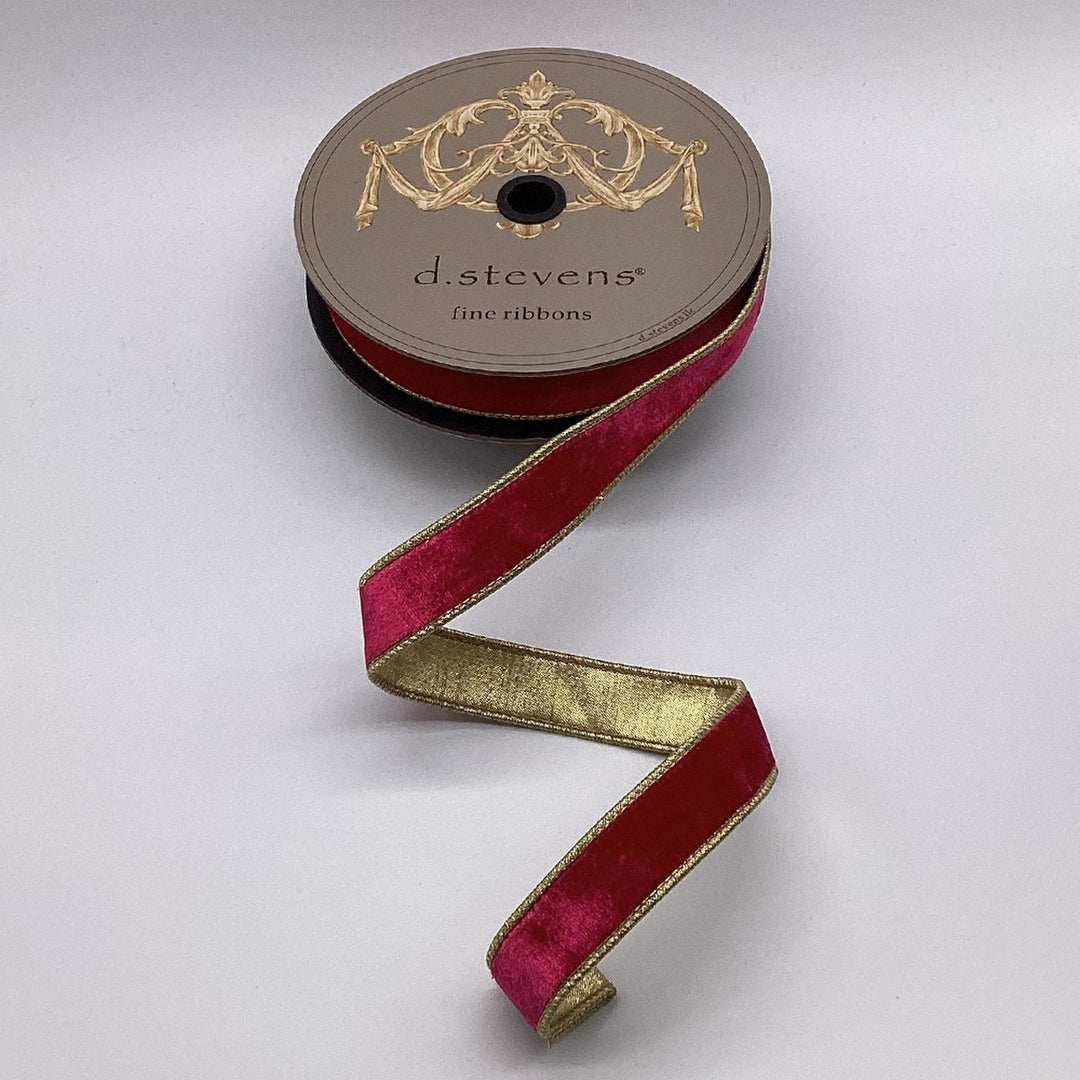 1 inch hot pink lush velvet ribbon with metallic gold back on a d.stevens spool.