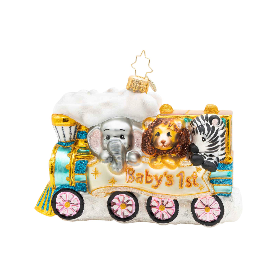 Baby's First Christmas train ornament featuring an elephant, lion, and zebra with glitter accents.