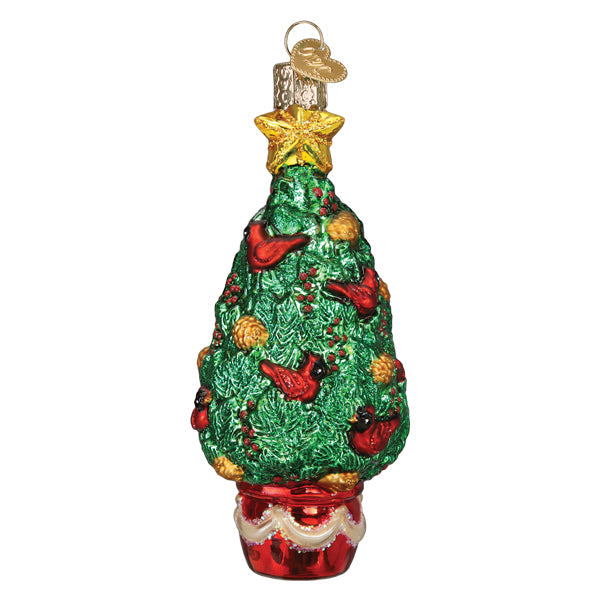 Glass Christmas tree ornament with red cardinals, gold star topper, and a red decorative base.