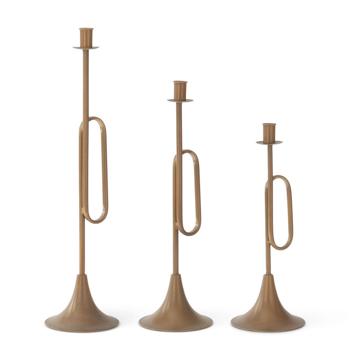 Set of three gold trumpet-shaped iron taper candleholders in graduated heights.